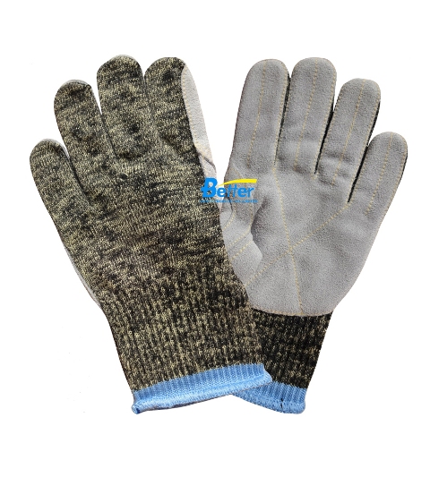 Aramid Fiber Cut Resistant Work Gloves with Cow Split Leather Palm(BGKC102)