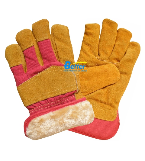 Yellow Warm Fur Lining Cow Split Leather Palm Gloves(BGCL203W)