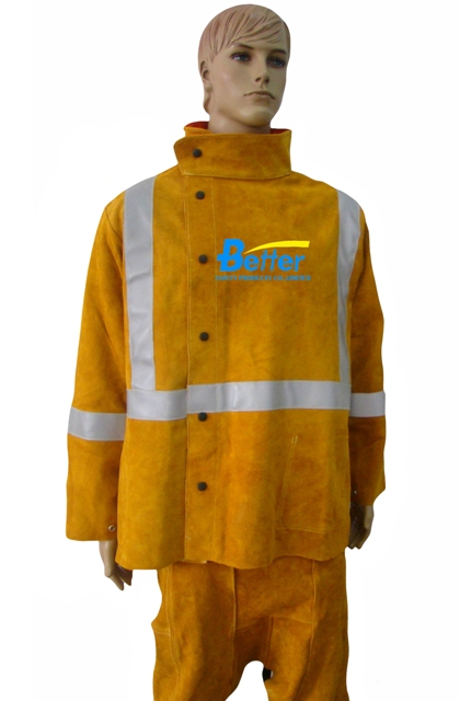 BWJ-2160-Fireman Split Cowhide Welding Jacket W/Hi-Vis Reflective Tape